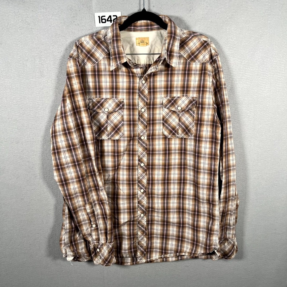 Tre Vero Western Shirt Men Large Brown Plaid Long Sleeve Cotton Cowboy Button Up